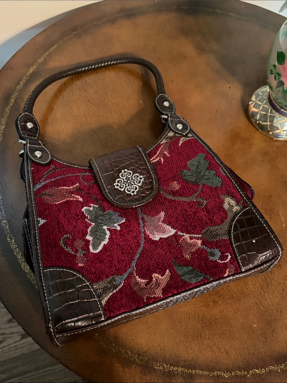 Burgundy Floral Tapestry Shoulder Bag with Faux-Croc Trim
